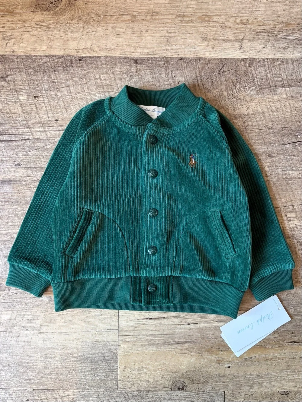 Ralph Lauren Baby Boy Green Knit Corduroy Snap Button Baseball Jacket 6M